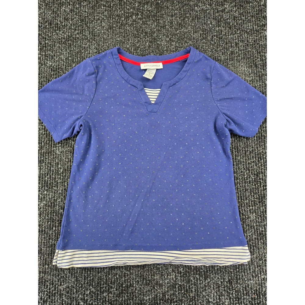 Emily Daniels Blue Polka Dot Layered Look Striped Trim Top Womens Small